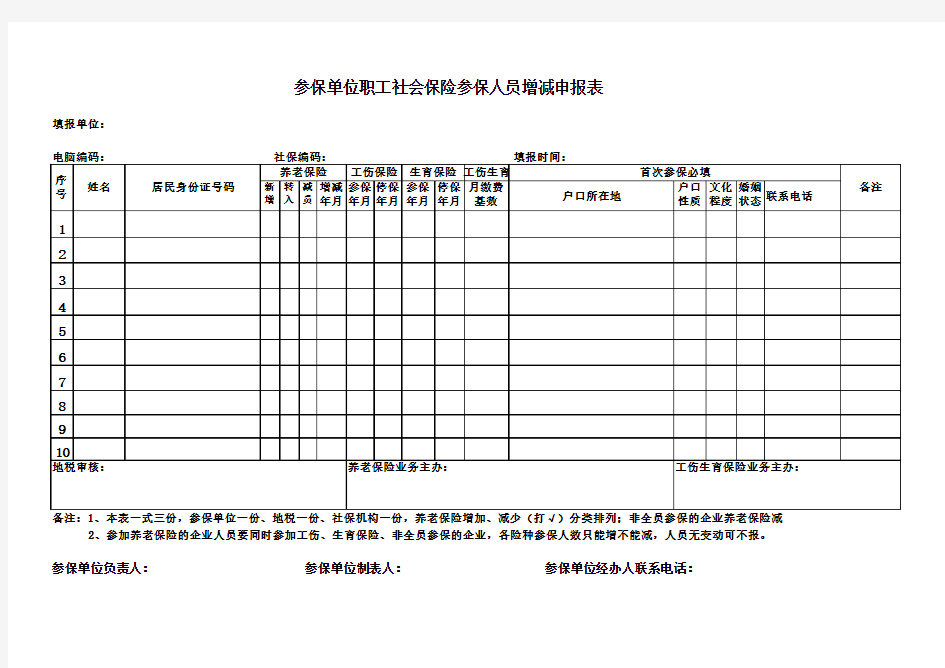 参保单位职工社会保险参保人员增减申报表