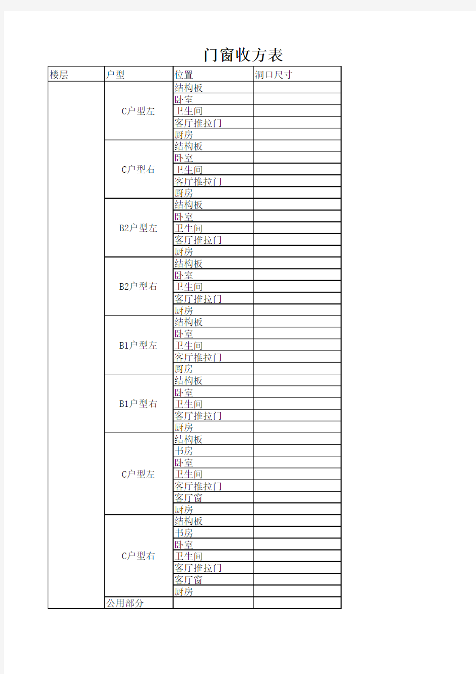 门窗收方表