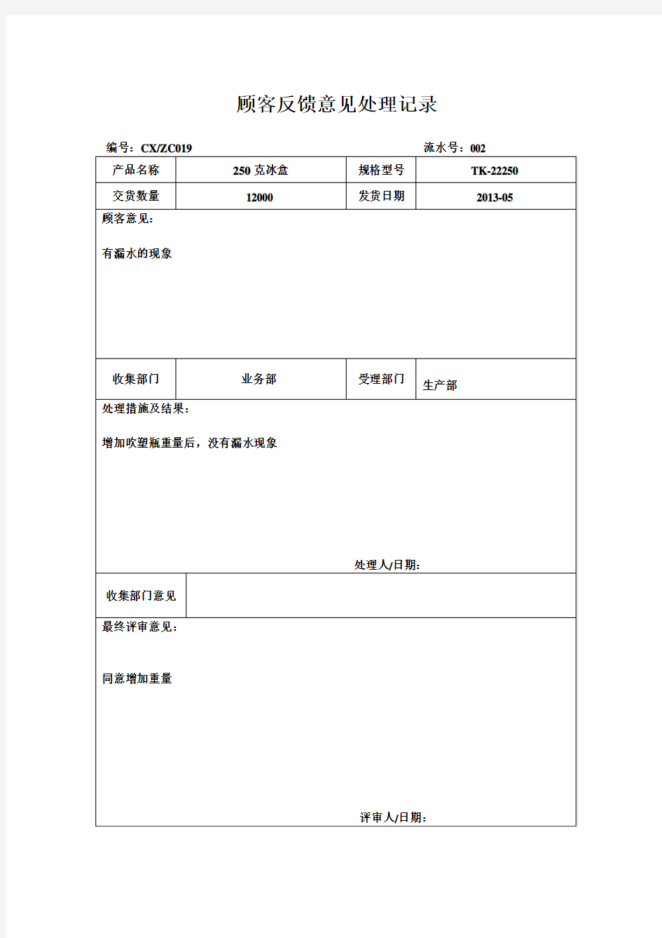 顾客反馈意见处理记录