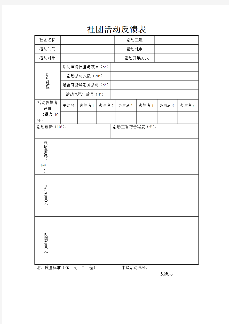 社团活动反馈表