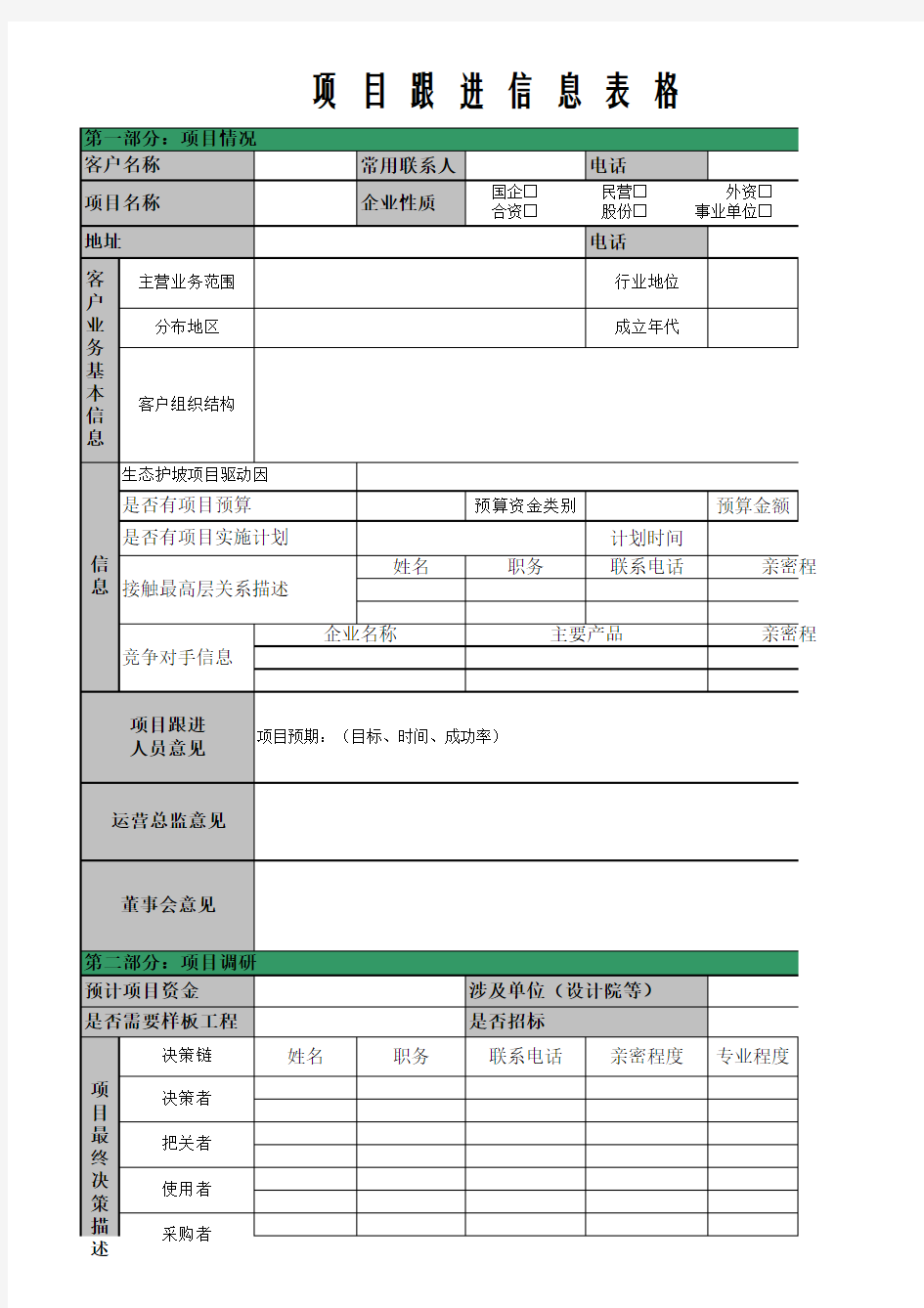 项目客户开拓跟进信息表格