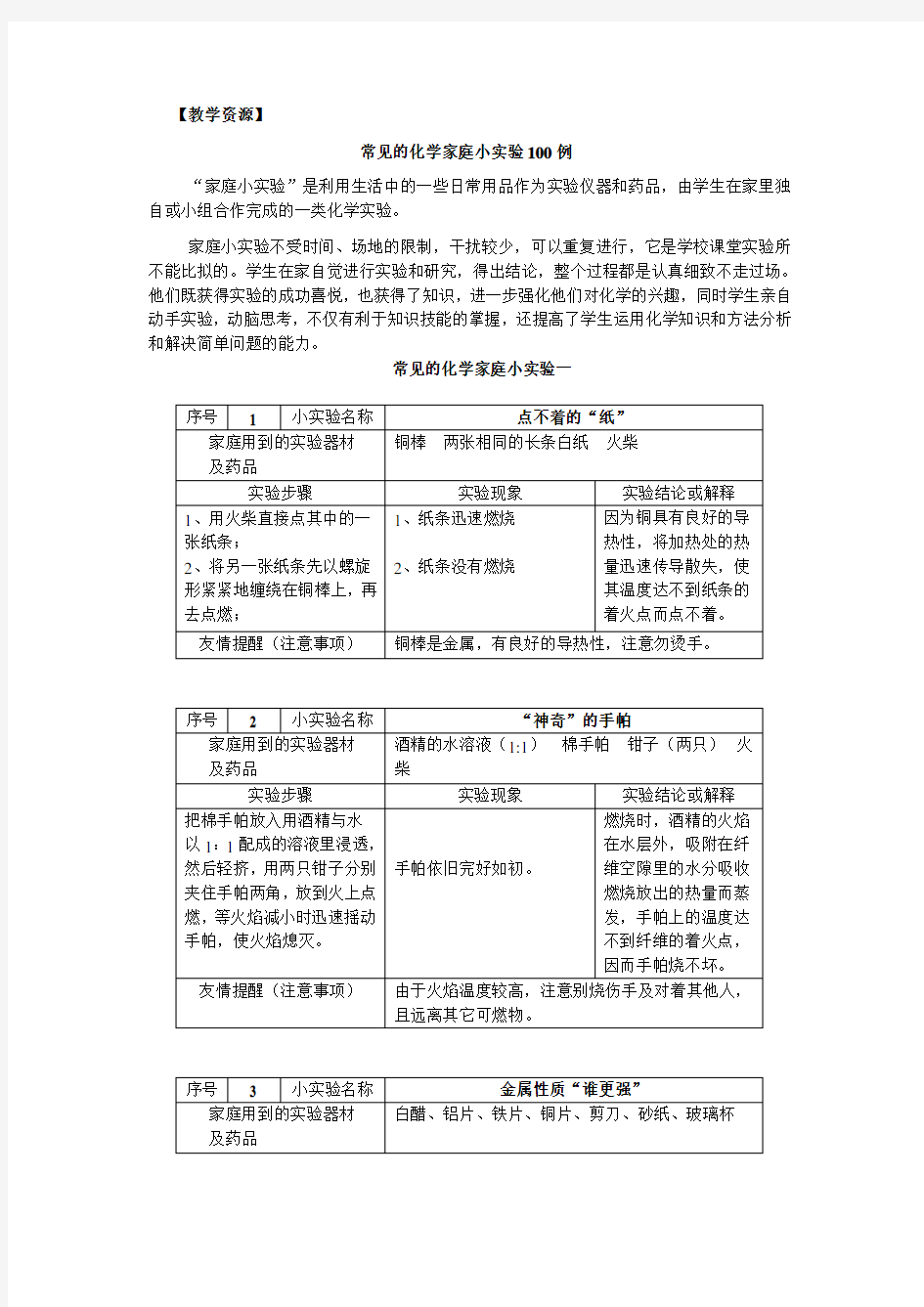 教学资源：常见的初中化学家庭小实验100例