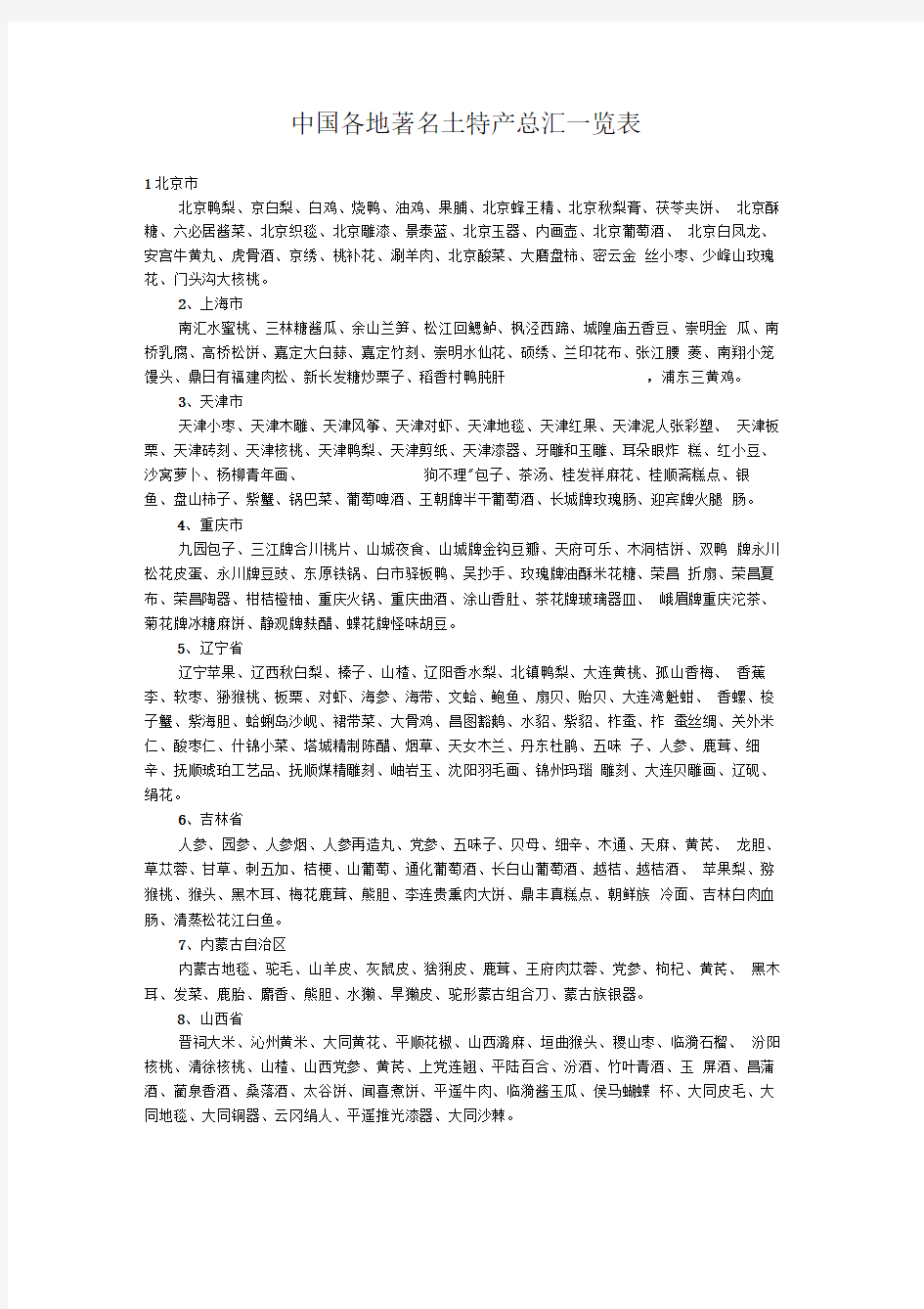 中国各地著名土特产总汇一览表