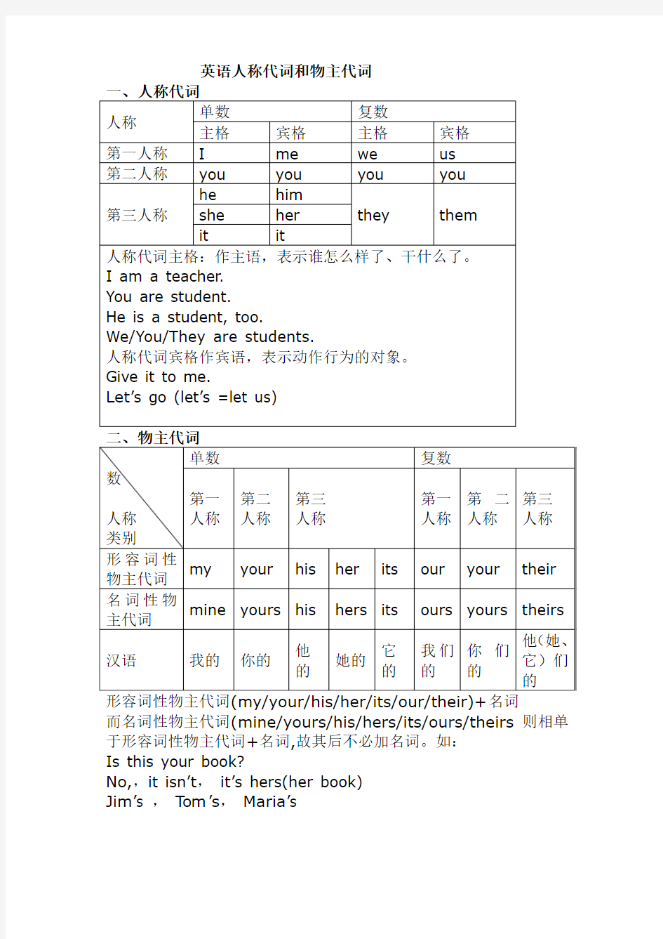 人教版小学六年级英语人称代词