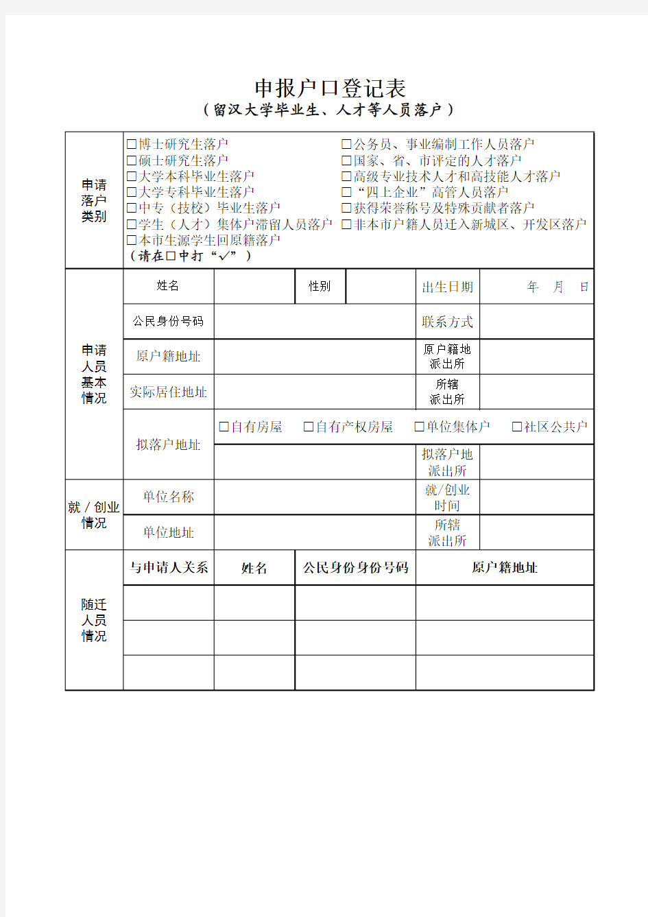 申报户口登记表-武汉新政