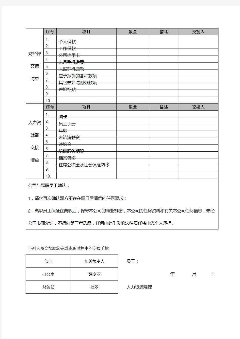 离职交接清单(模板)