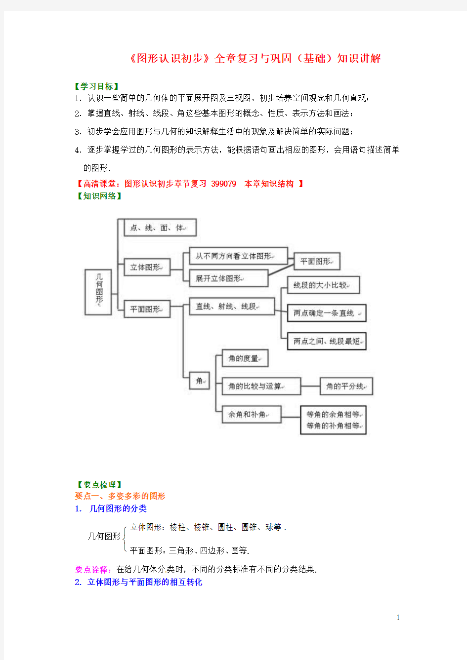 七年级数学上册 第四章《图形认识初步》全章复习与巩固(基础)知识讲解 新人教版