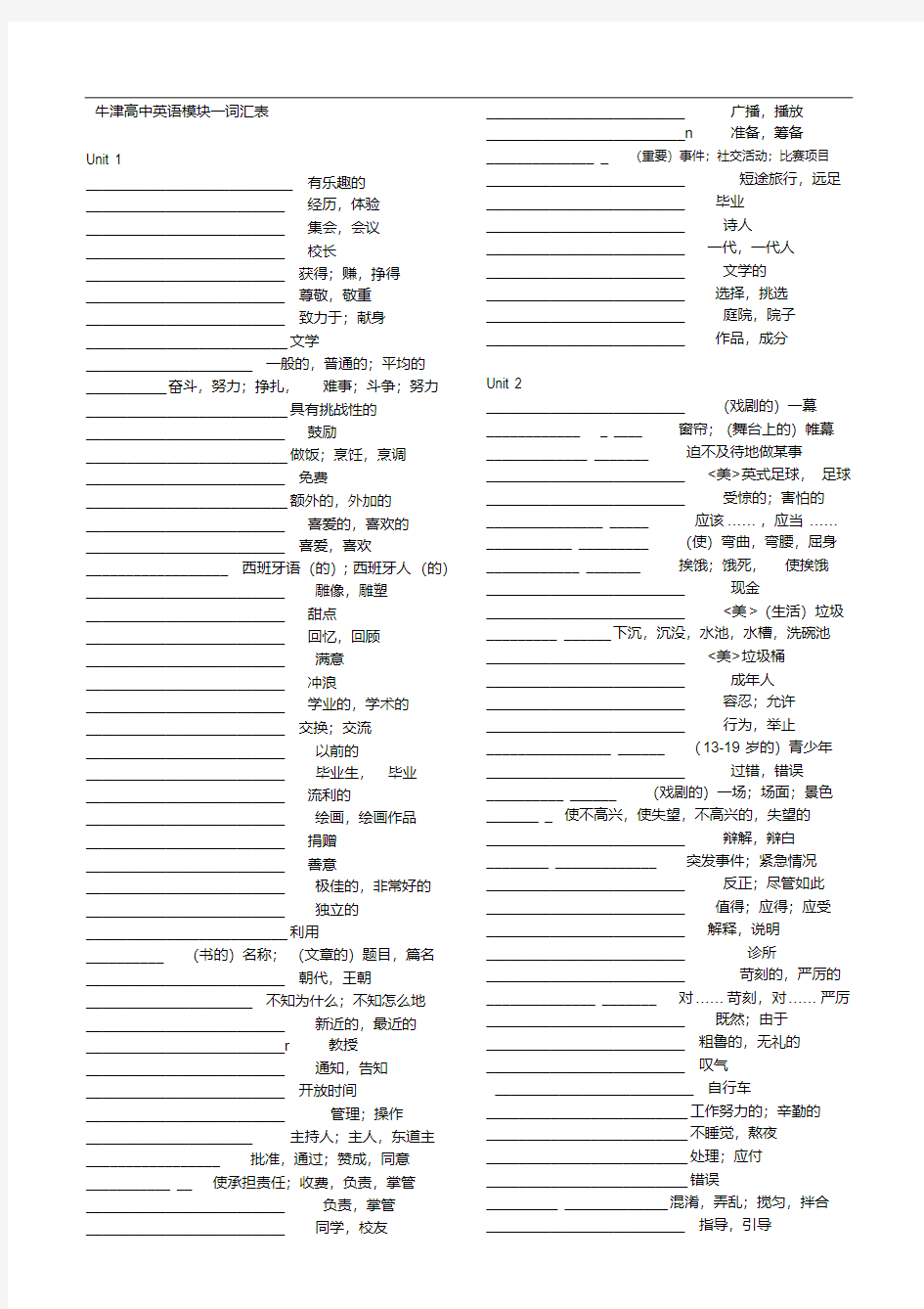 牛津译林版高中英语模块一词汇表及默写表完整版完整版.doc