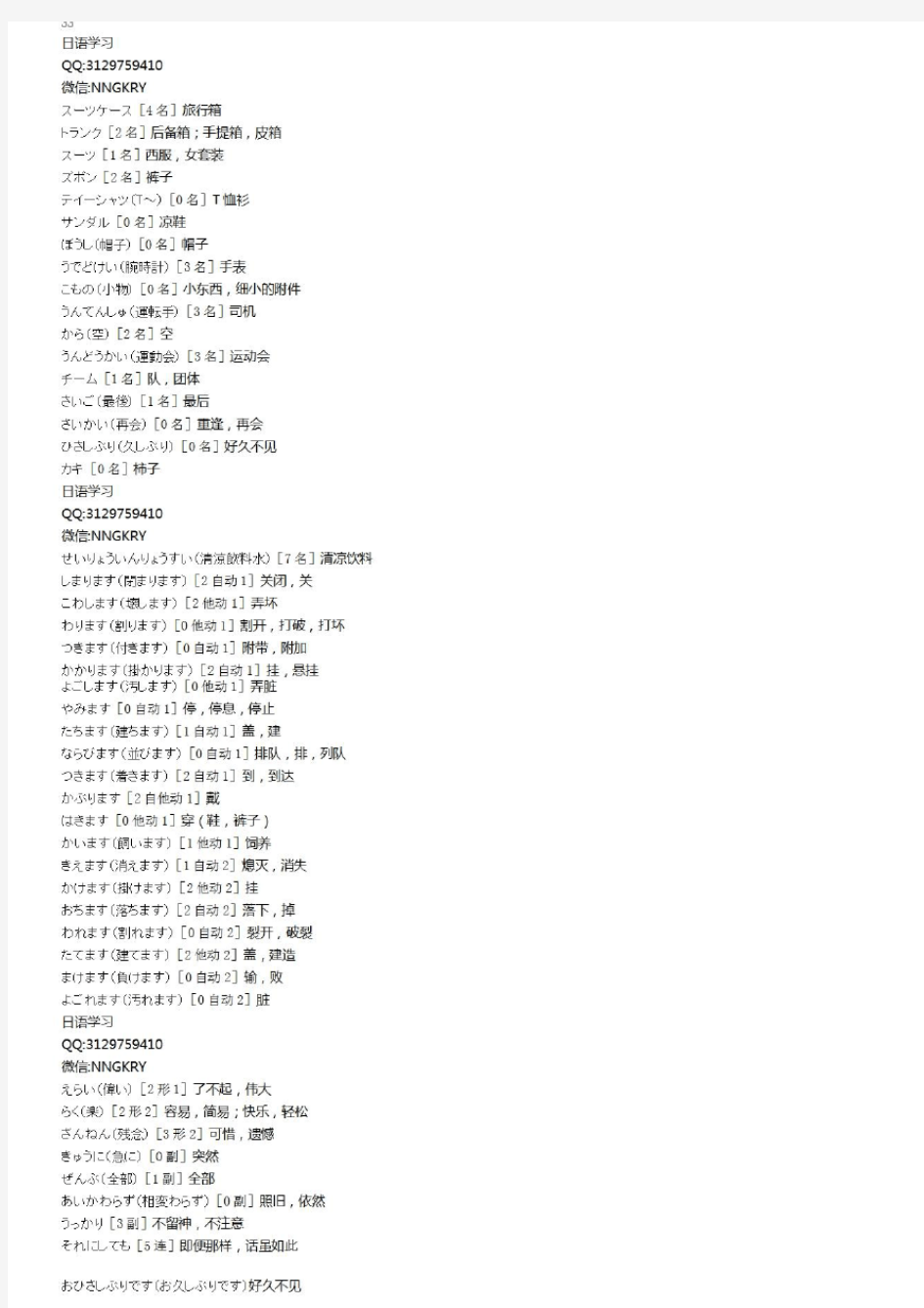 新版标准日本语初级下册第33课单词(带声调带自他动)