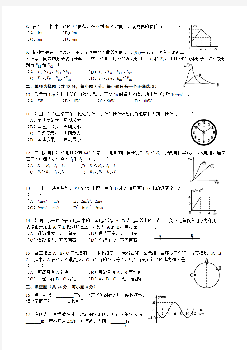2014年上海市普通高中学业水平考试物理试卷