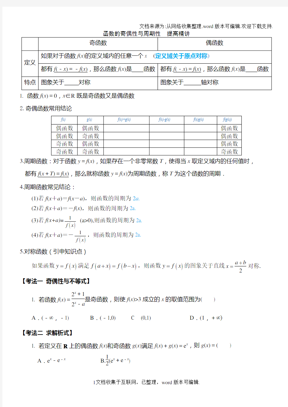 高一数学必修一函数周期性和奇偶性经典题型