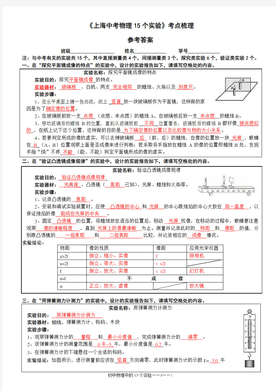 上海中考物理15个实验考点梳理(参考答案)
