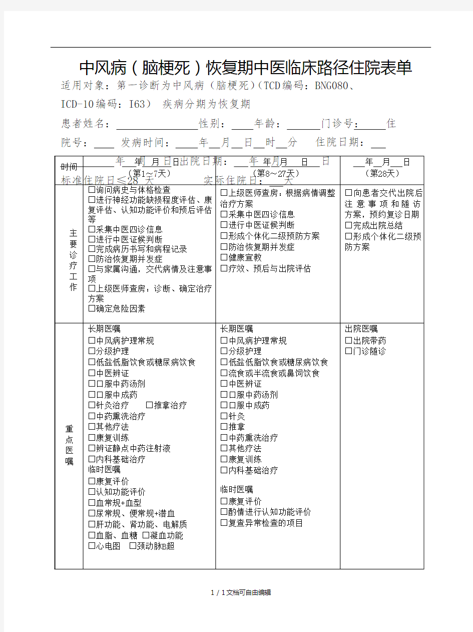 中医临床路径表