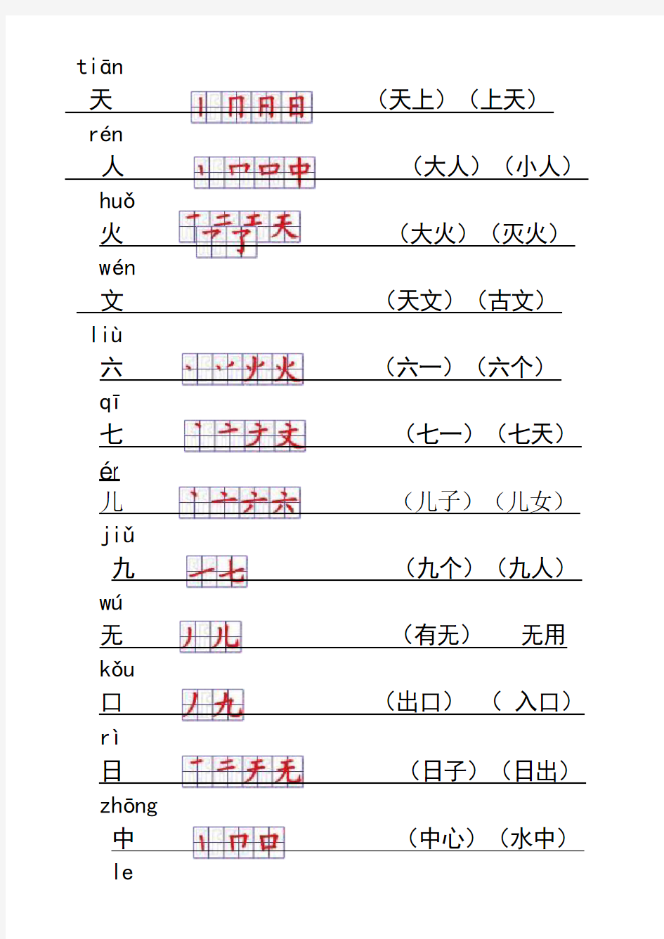 人教版一年级语文上册生字表笔顺表(Word)格式