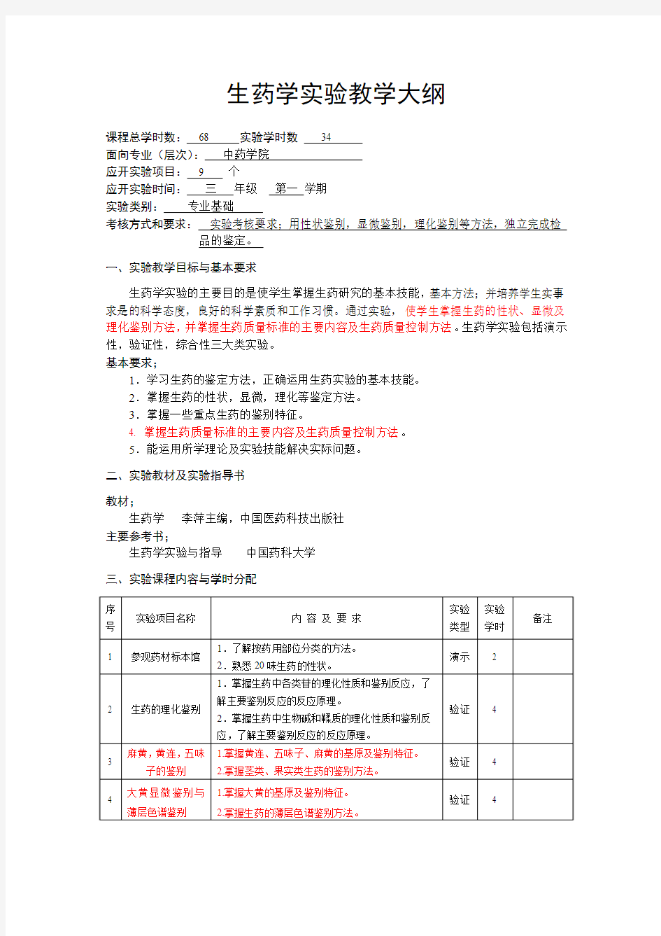 生药学试验教学大纲