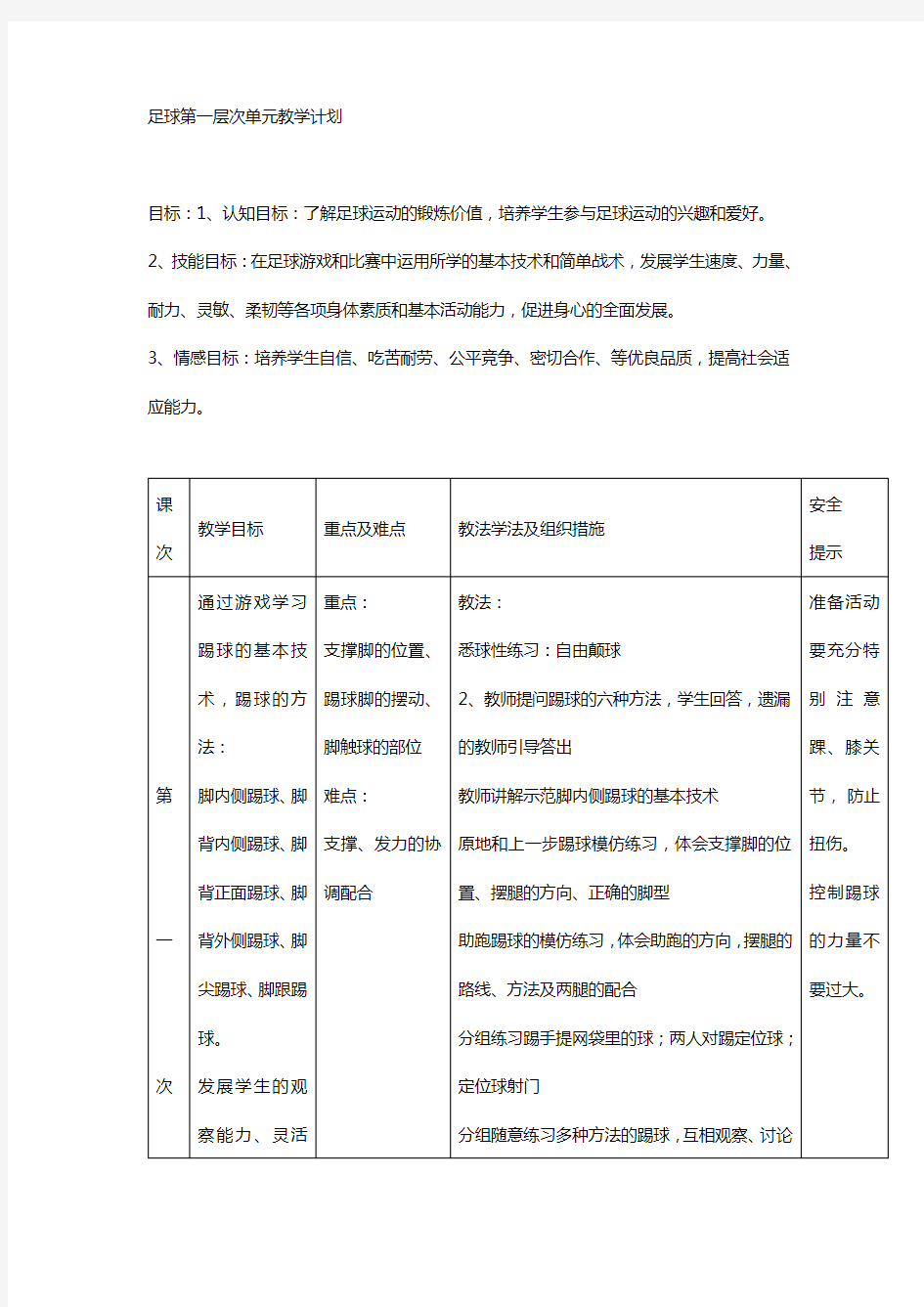 (完整版)足球单元教学计划