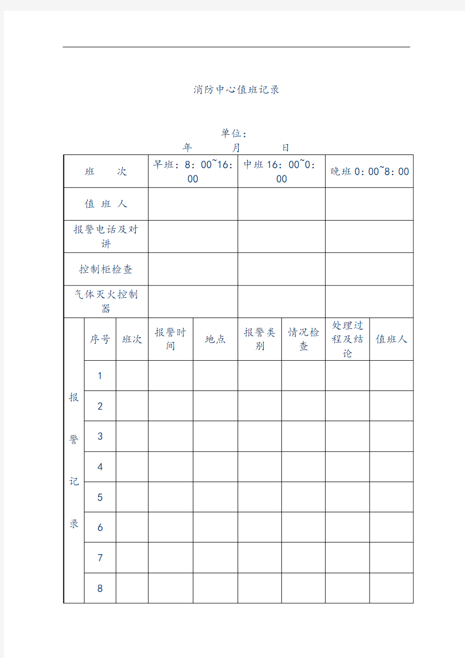 【物业管理表格】消防中心值班记录