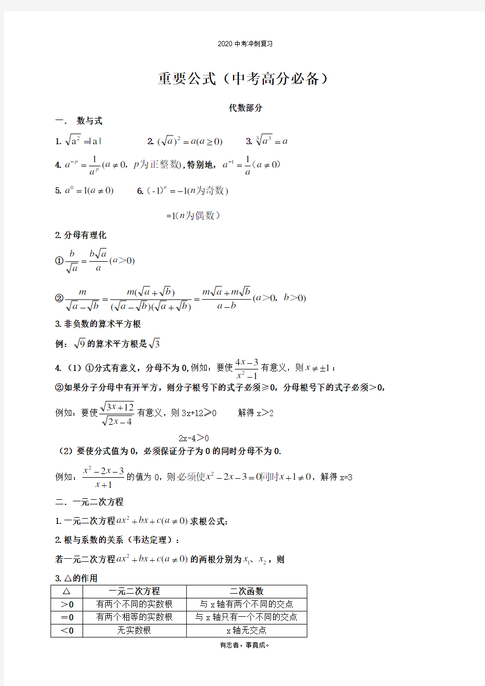 2020中考数学重要公式全归纳