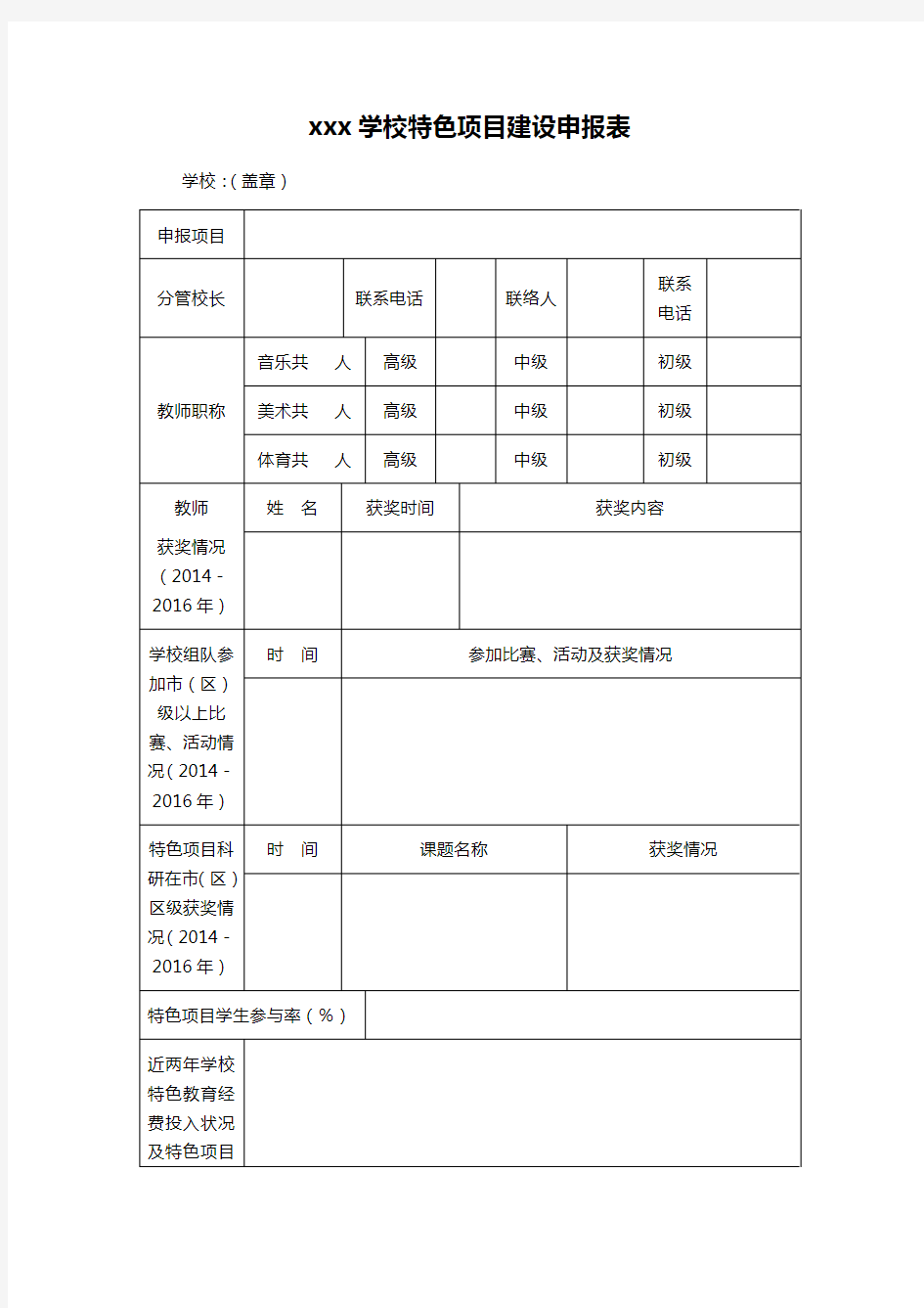 xxx学校特色项目建设申报表