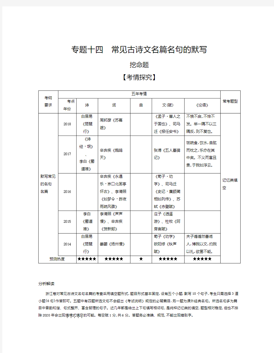 2020年浙江高考语文复习专题十四  常见古诗文名篇名句的默写