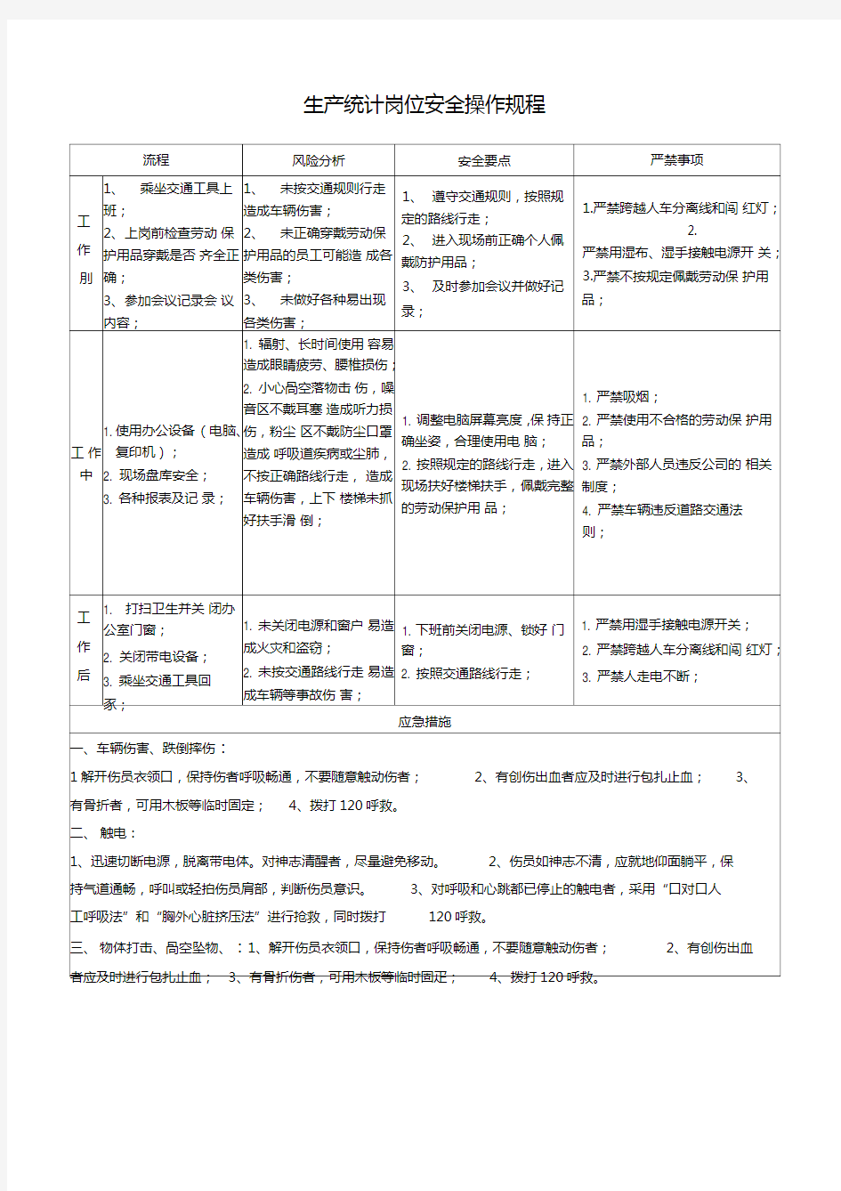 生产统计岗位安全操作规程