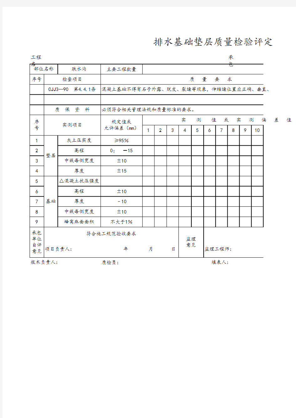 排水基础垫层质量检验评定表