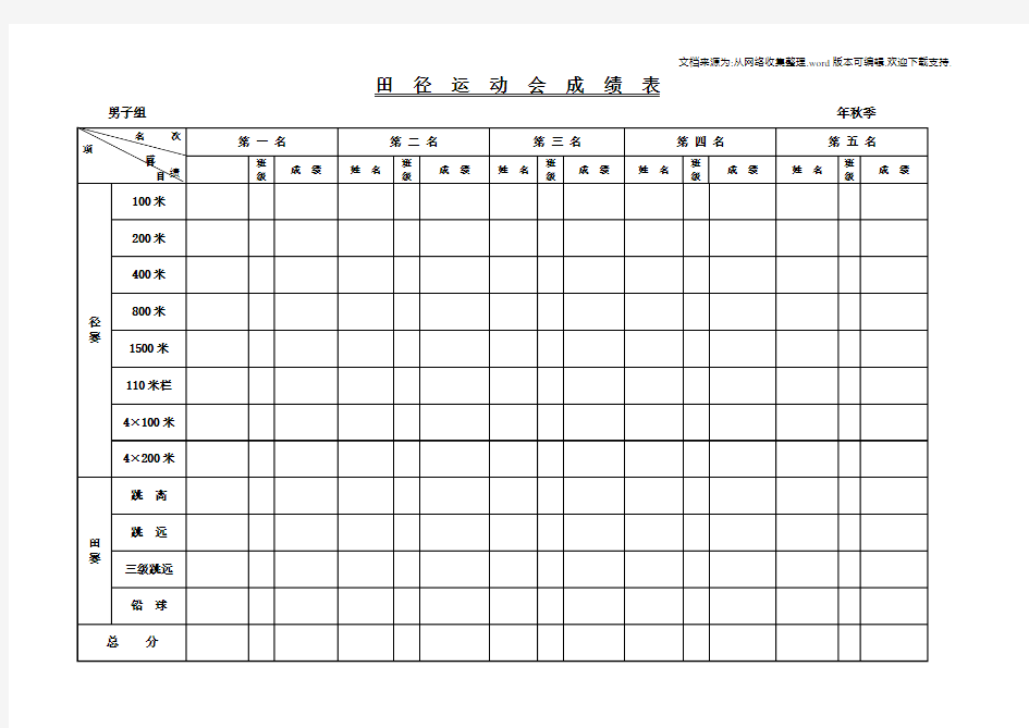 田径运动会成绩表模板