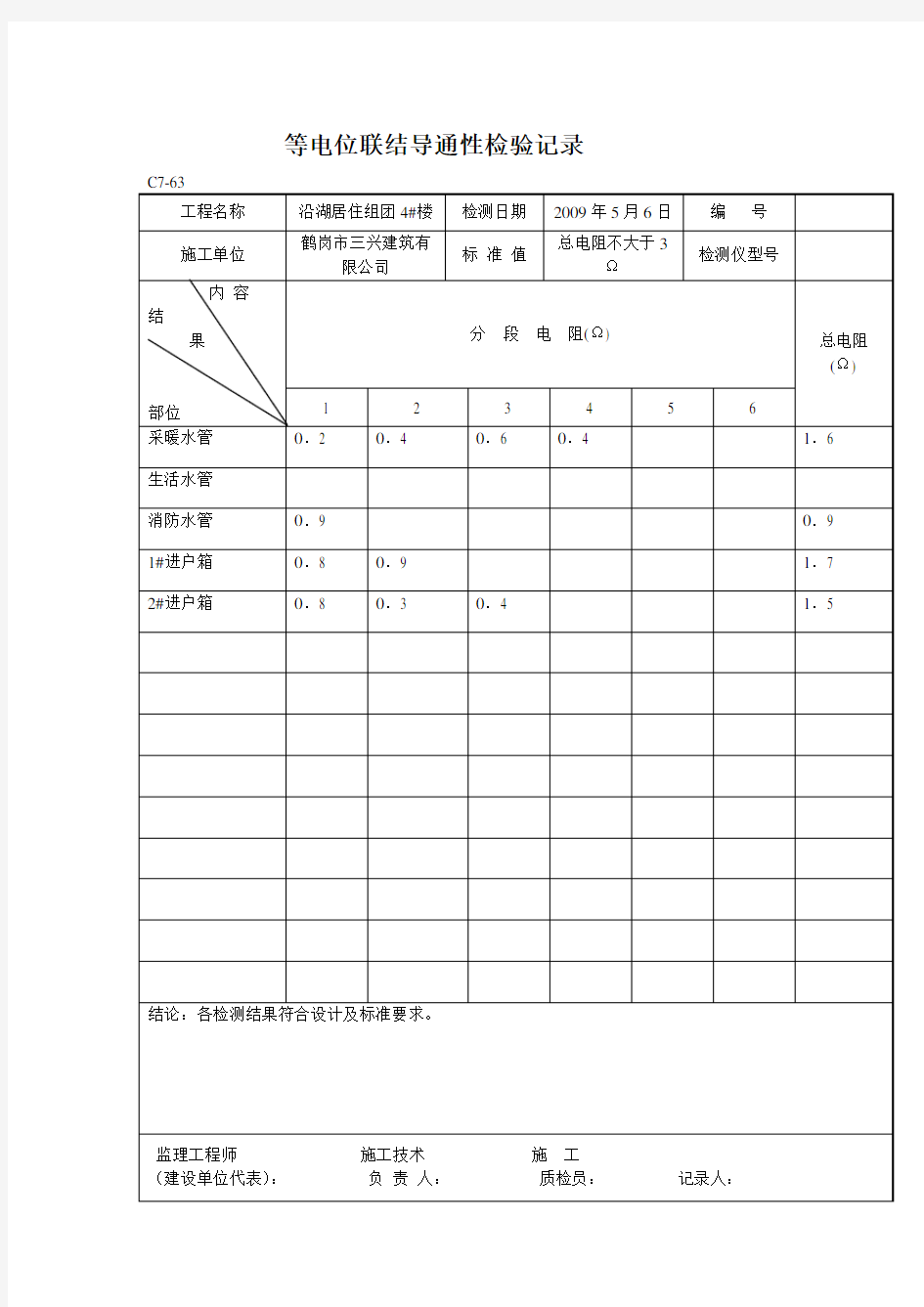 等电位联结导通性检验记录