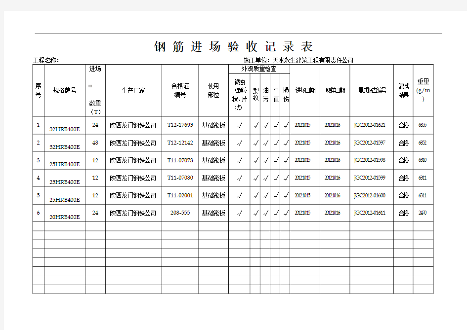 钢 筋 进 场 验 收 记 录 表