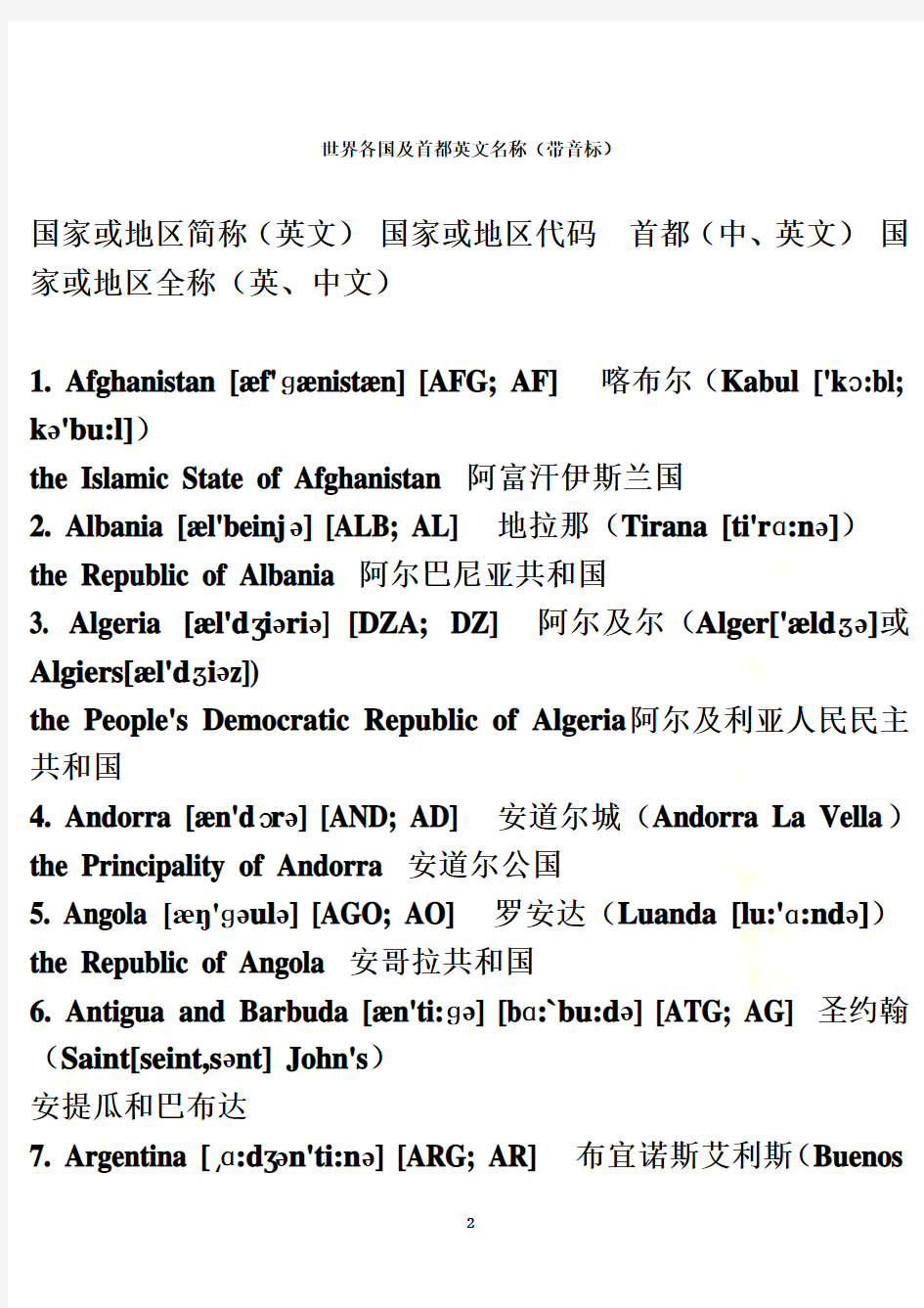 各国及首都英文名(带音标)