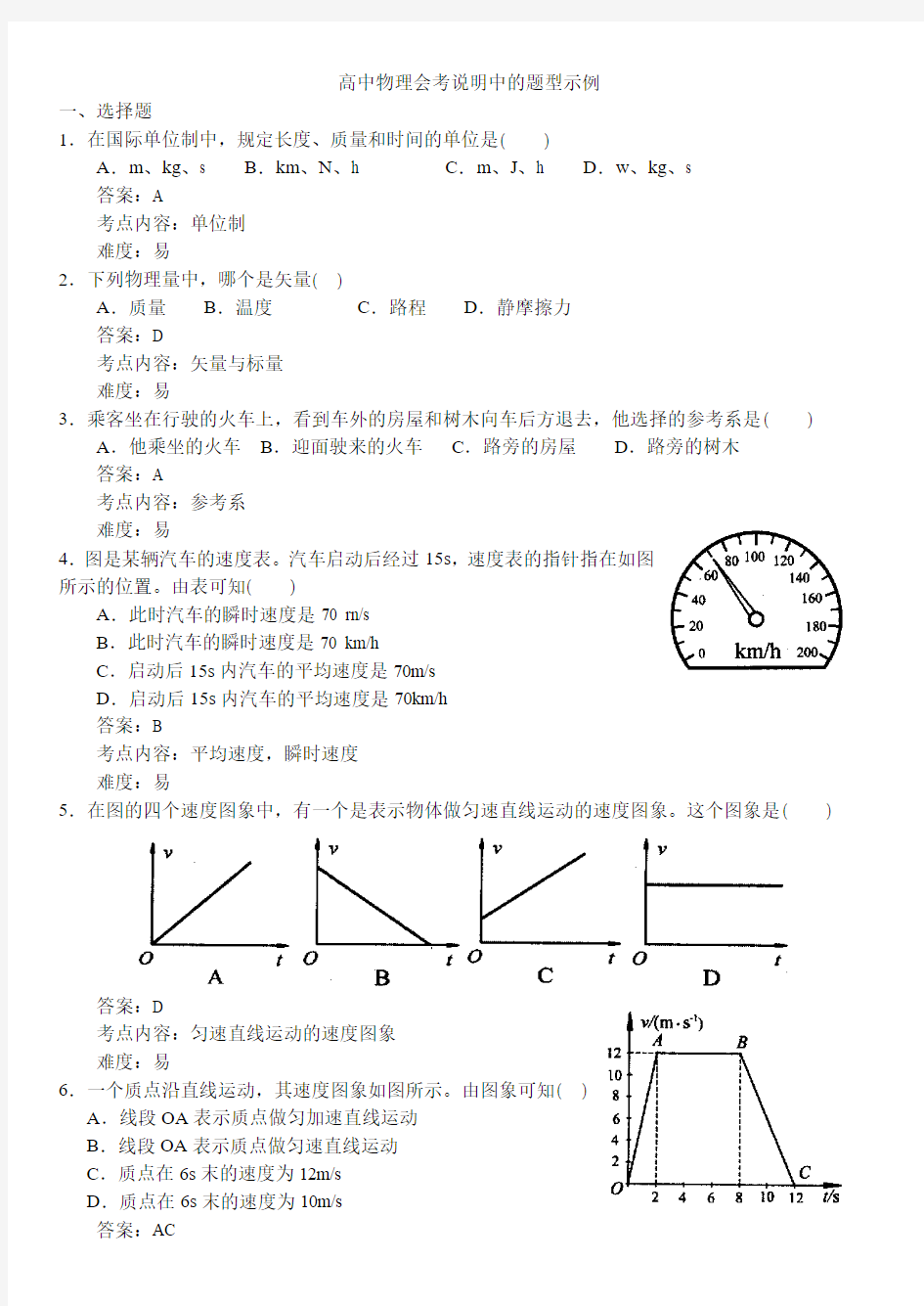 高中物理会考说明中的题型示例