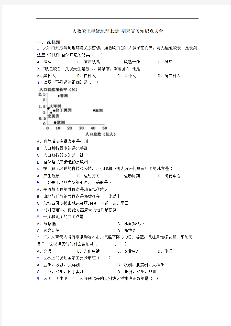 人教版七年级地理上册 期末复习知识点大全