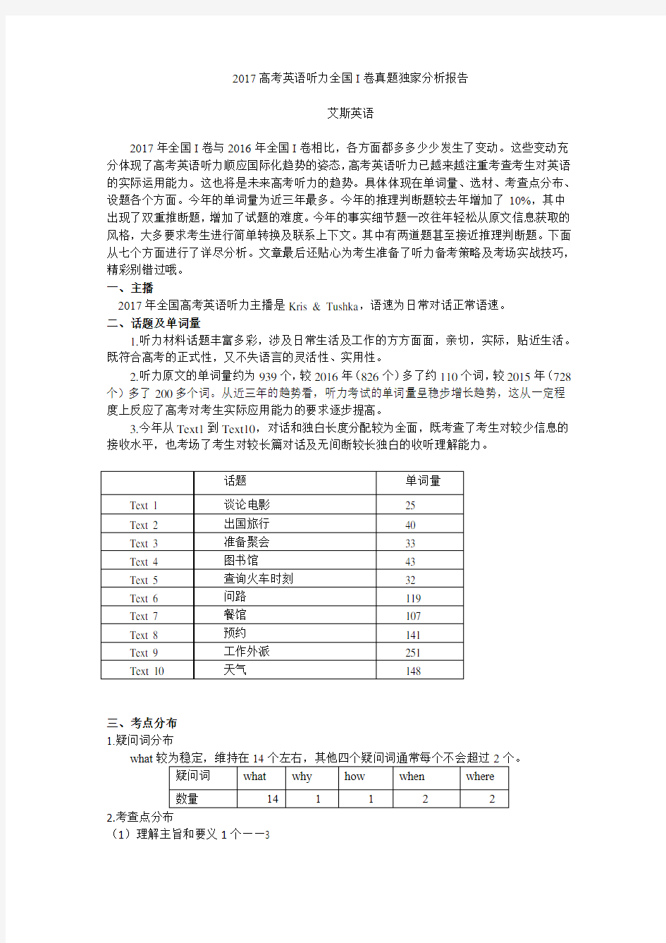 2017高考英语听力全国I卷真题独家分析报告