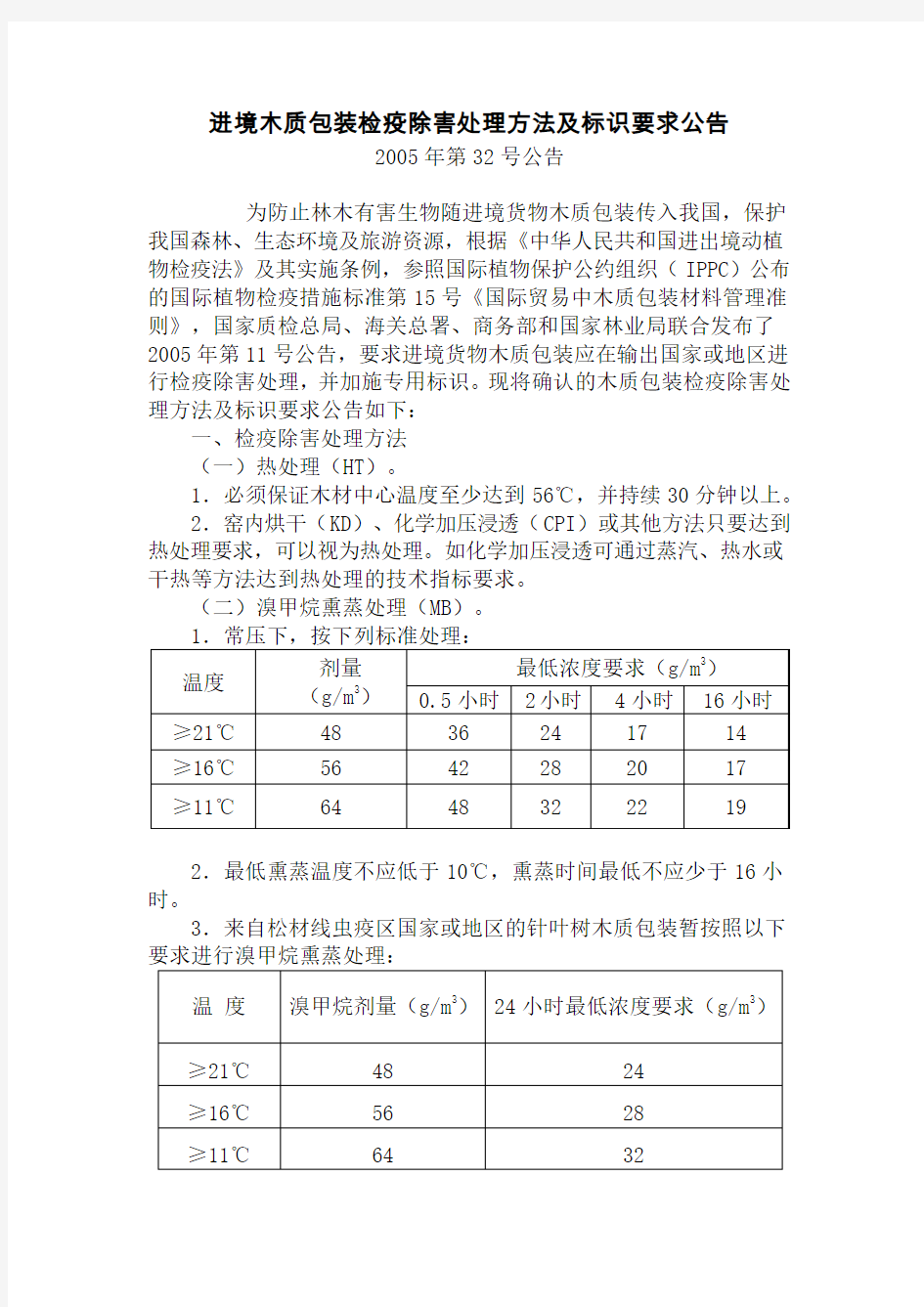 进境木质包装检疫除害处理方法及标识要求公告