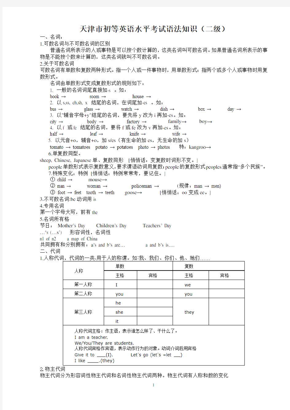 天津市初等英语水平考试(二级)语法知识