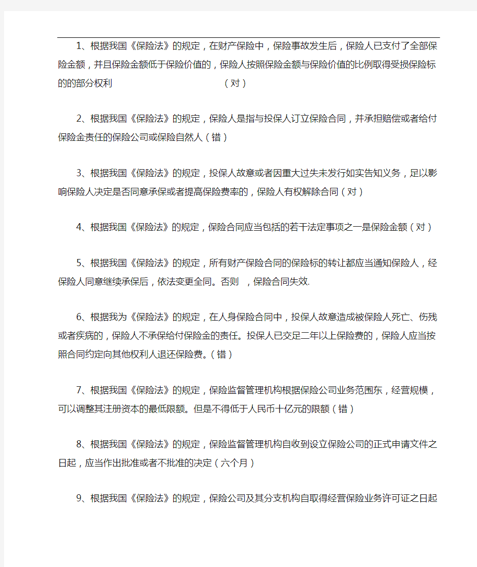 最新保险法判断题含答案