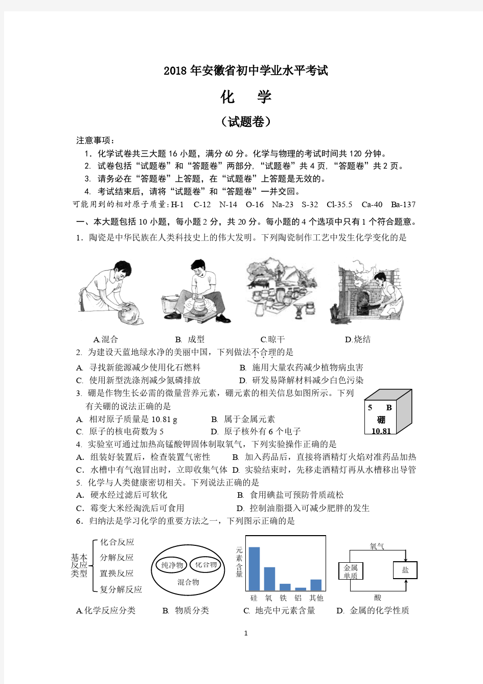 2018年安徽省初中学业水平考试 化学 试卷 及 答案(PDF版)