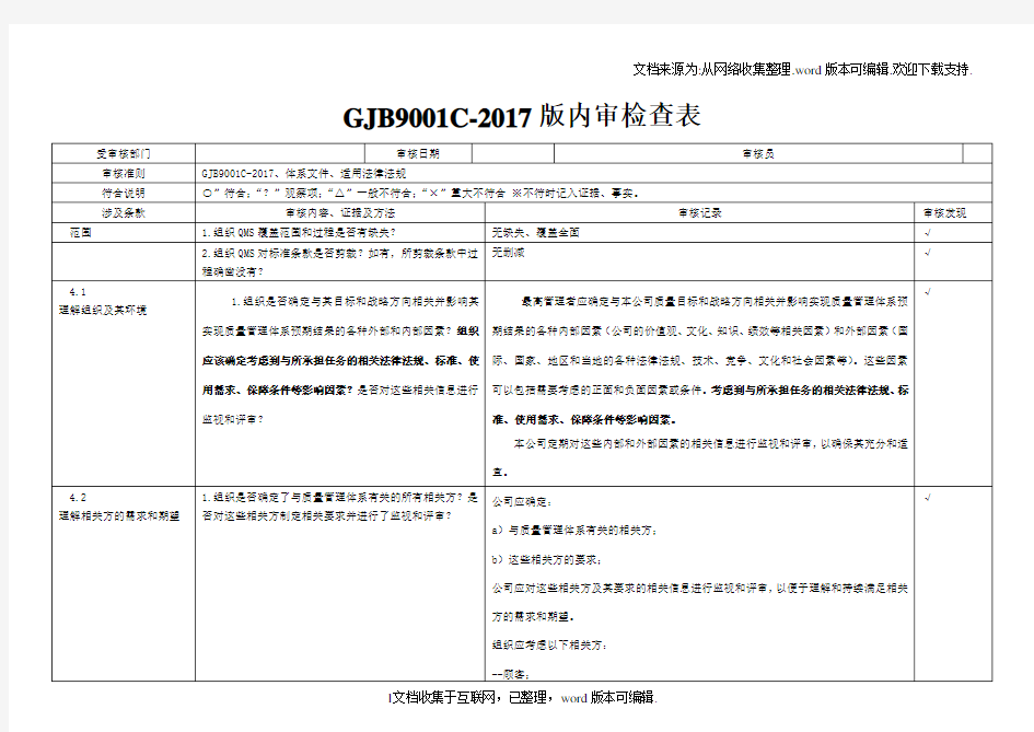 新GJB9001C2017内审检查表