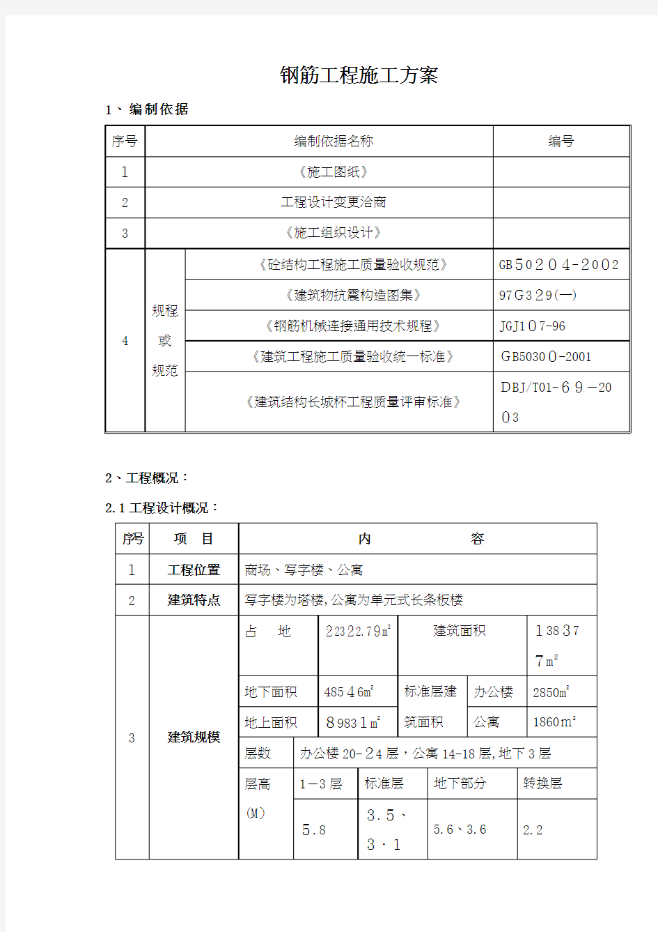 钢筋工程施工方案概况