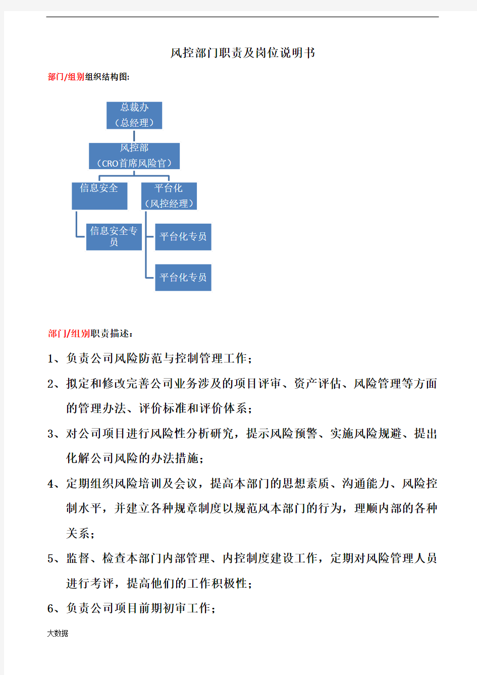 风控部门职责及风控经理岗位说明书