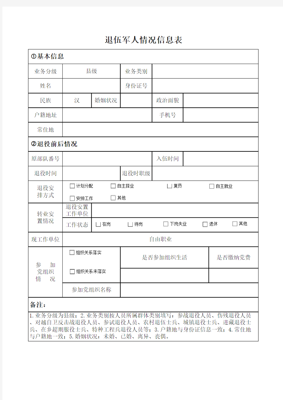 退伍军人情况信息表