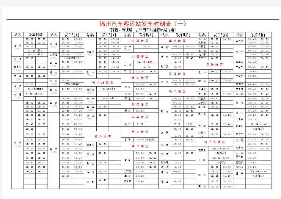 锦州汽车站客运时刻表