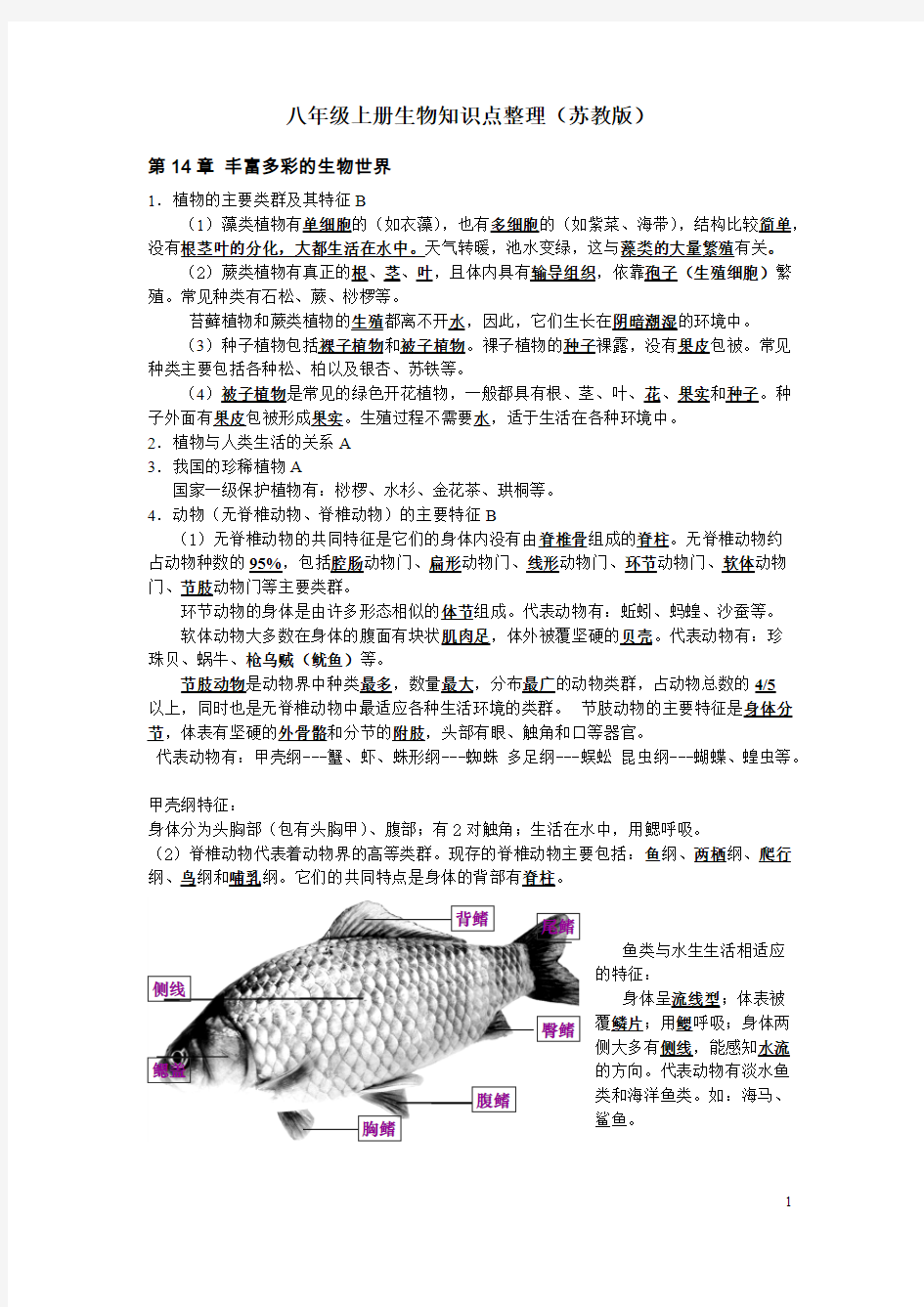 【免费下载】版本苏教版八年级上册生物知识点整理1