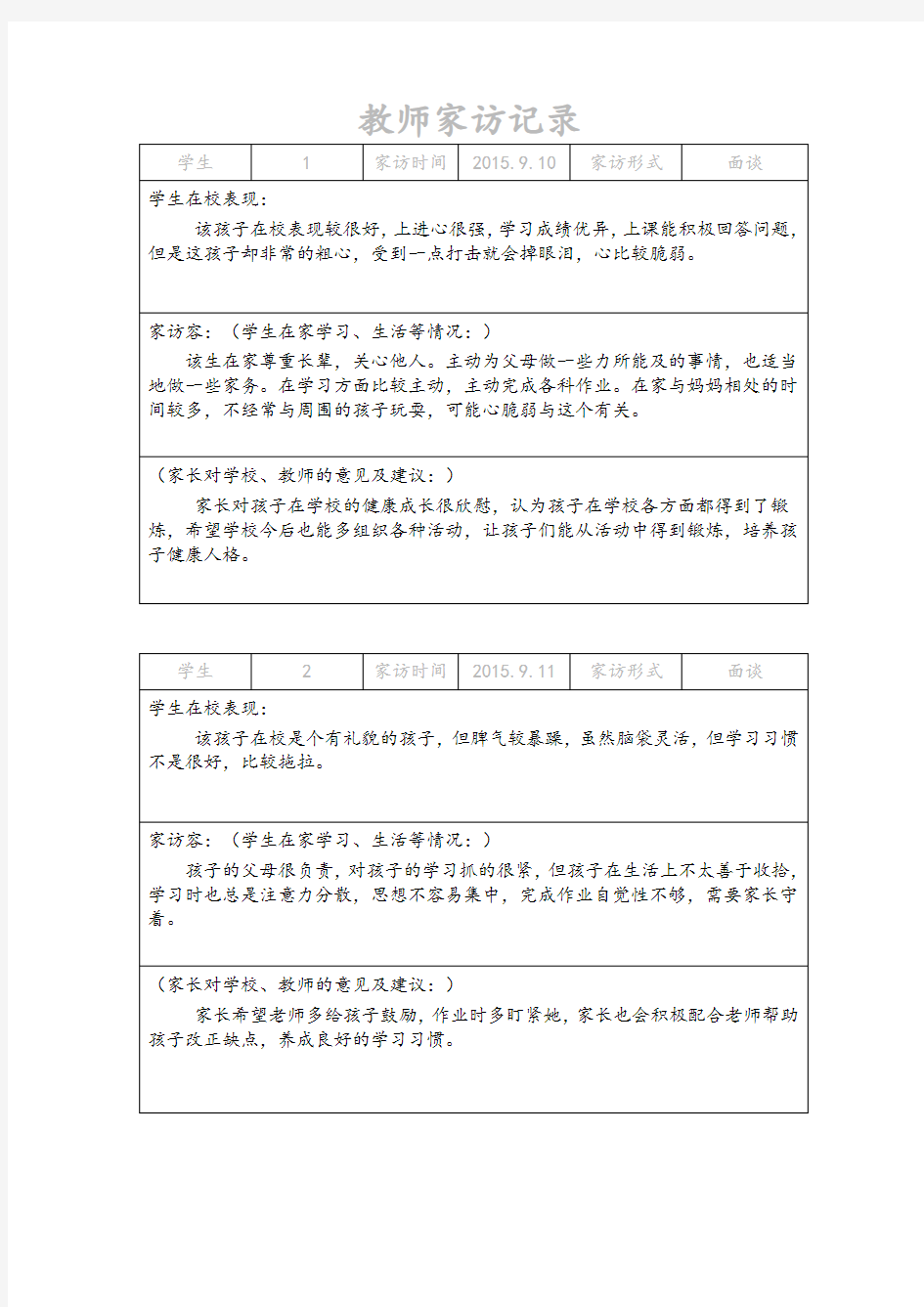 (新颖)小学教师家访记录簿内容