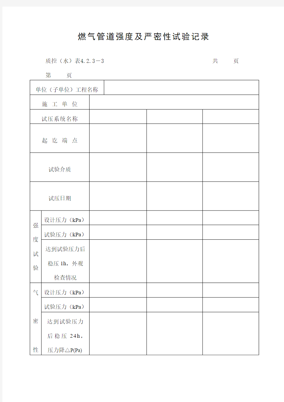 燃气管道强度及严密性试验记录表(doc格式)