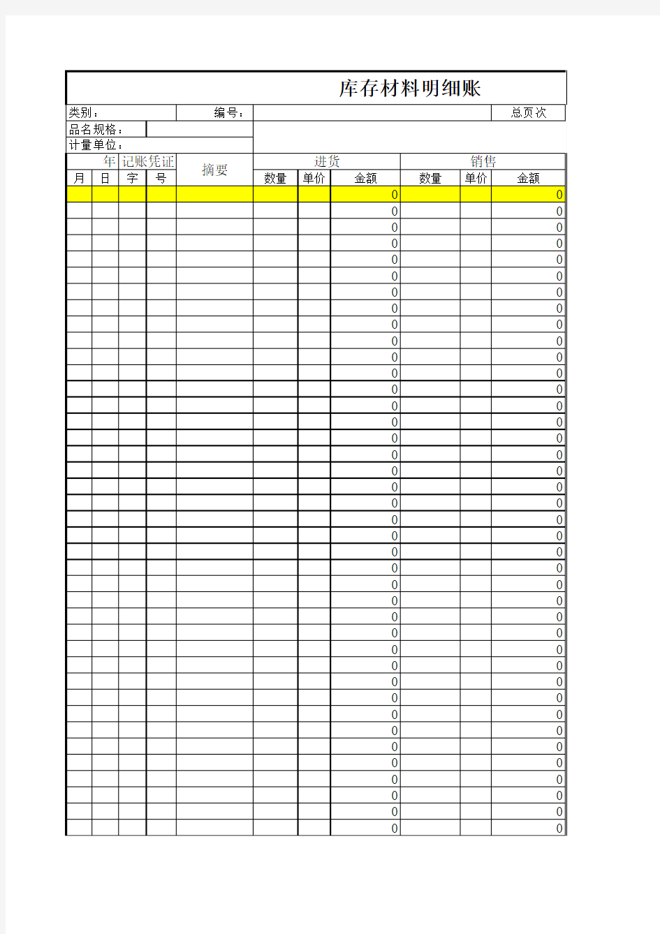 库存材料明细账——模板