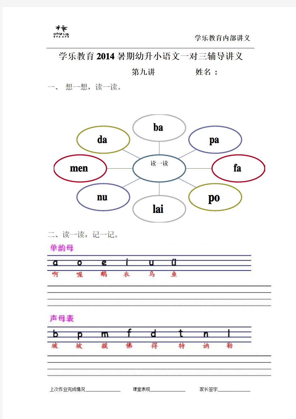 幼升小  汉语拼音 第九讲  复习