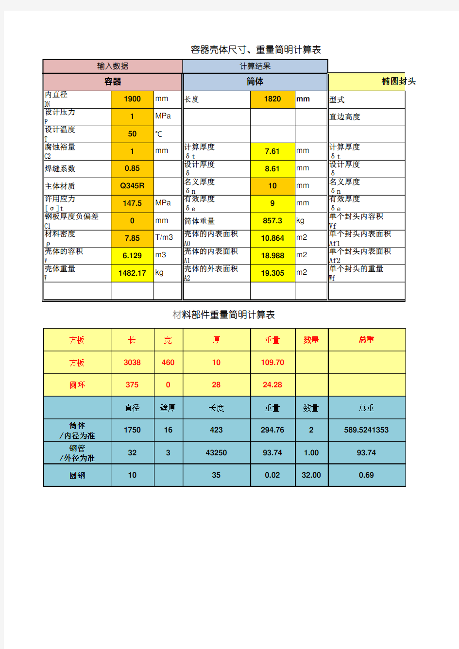 压力容器储罐重量计算表