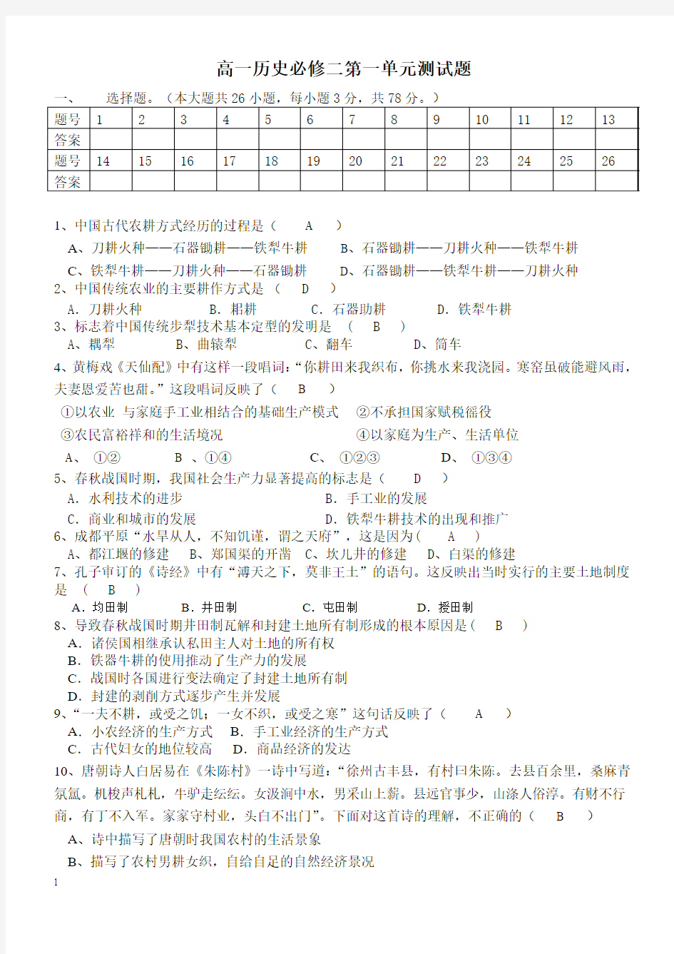 高一历史必修二第一单元测试题(教师卷)