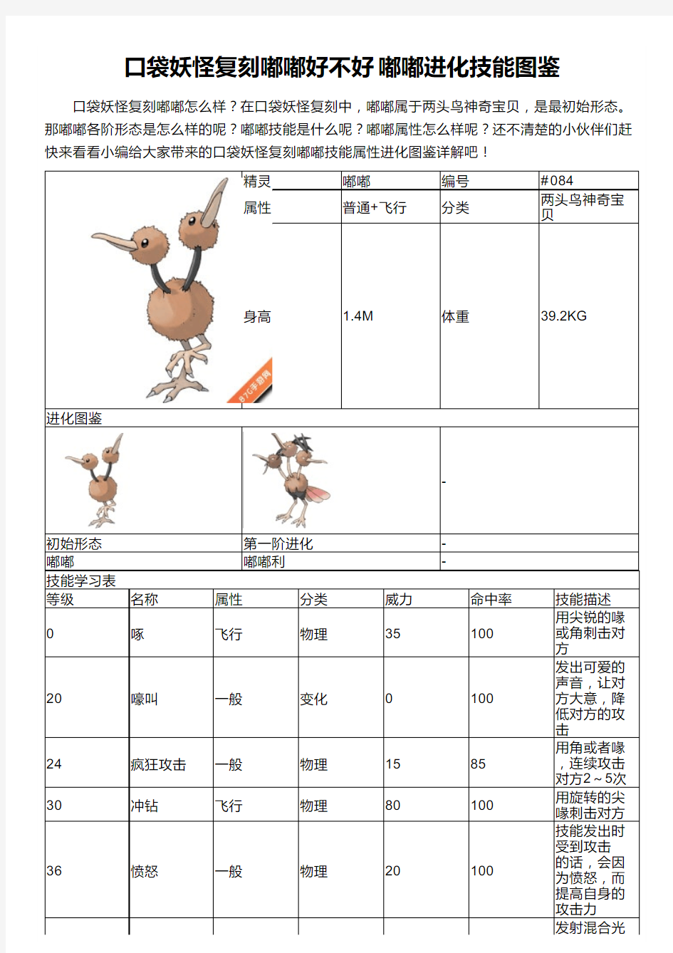 口袋妖怪复刻嘟嘟好不好 嘟嘟进化技能图鉴